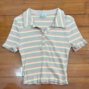 Ribbed Polo Crop Top in Beige with Pastel Stripes